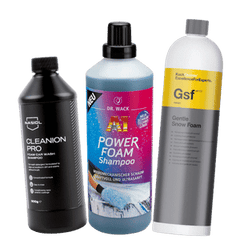 Drei Autoshampoos: Nasiol Cleanion Pro, Dr. Wack A1 Power Foam und Koch Chemie Gentle Snow Foam
