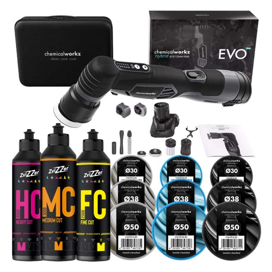 ChemicalWorkz Evo Mini Poliermaschine + SET mit Pads und Zvizzer polituren